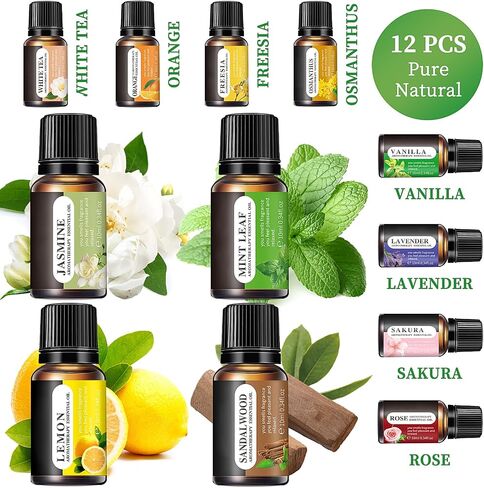 Essential Oils Set, 12 Scents, 10 ML Bottles, Lavender, Lemon, Rose, Jasmine, Vanilla, Sandalwood and More, for Humidifiers, Diffusers, Aromatherapy in Saudi Arabia