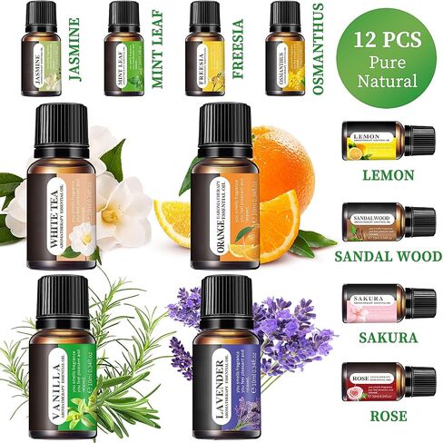 Essential Oils Set, 12 Scents, 10 ML Bottles, Lavender, Lemon, Rose, Jasmine, Vanilla, Sandalwood and More, for Humidifiers, Diffusers, Aromatherapy in Saudi Arabia