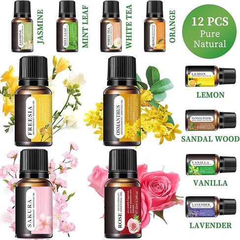 Essential Oils Set, 12 Scents, 10 ML Bottles, Lavender, Lemon, Rose, Jasmine, Vanilla, Sandalwood and More, for Humidifiers, Diffusers, Aromatherapy in Saudi Arabia
