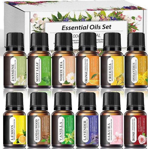 Essential Oils Set, 12 Scents, 10 ML Bottles, Lavender, Lemon, Rose, Jasmine, Vanilla, Sandalwood and More, for Humidifiers, Diffusers, Aromatherapy in Saudi Arabia