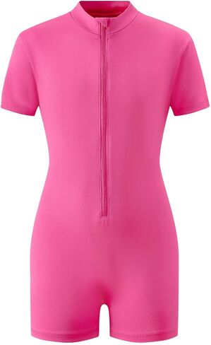 Chichoo Girls Workout Romper Athletic Short Sleeve One Piece Outfits Running Bike Shorts Half Zip 7-12 Years in Kuwait