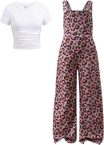 Girls 2 Piece Outfit Set Short Sleeve Top & Wide Leg Overall Jumpsuit Summer Clothes for Tween and Teen Size 8-13 in Saudi Arabia