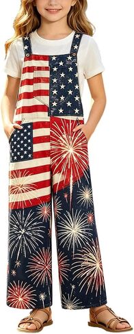 Girls 4th of July Bib Overalls American Flag Patriotic Romper Jumpsuit Vintage Distressed Western Cowboy Outfit for Kids 5-14 in Kuwait