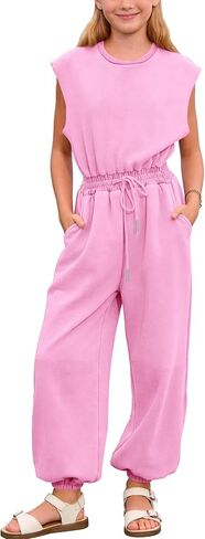 Kissonic Girls Jumpsuits Round Neck Cap Sleeve Wide Leg Rompers Drawstring One Piece Outfits with Pockets in Kuwait