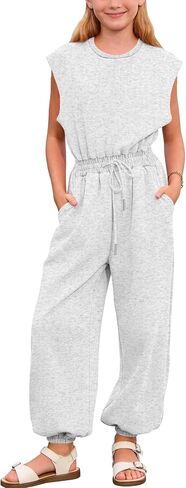 Kissonic Girls Jumpsuits Round Neck Cap Sleeve Wide Leg Rompers Drawstring One Piece Outfits with Pockets in Kuwait