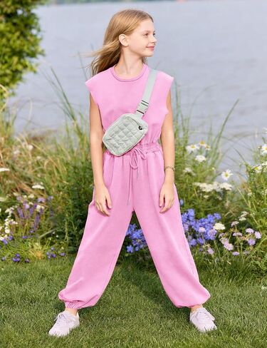 Kissonic Girls Jumpsuits Round Neck Cap Sleeve Wide Leg Rompers Drawstring One Piece Outfits with Pockets in Kuwait