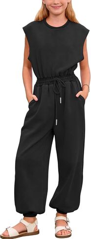 Kissonic Girls Jumpsuits Round Neck Cap Sleeve Wide Leg Rompers Drawstring One Piece Outfits with Pockets in Kuwait