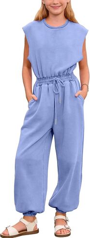 Kissonic Girls Jumpsuits Round Neck Cap Sleeve Wide Leg Rompers Drawstring One Piece Outfits with Pockets in Kuwait
