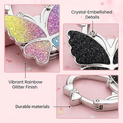 2-Pack Butterfly Foldable Table Hook,Purse Hanger for Table, Zinc Alloy with Crystal Accents and Leather Details, Secure Purse Holder for Dining and Events, Convenient Purse Table Hook for Daily Use in Saudi Arabia