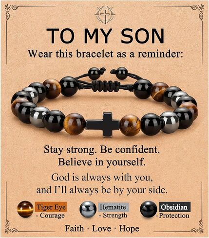 To My Son Cross Bracelet for Boys, Adjustable Tiger Eye Hematite Obsidian Beaded Bracelet, Son Gifts from Mom Dad for Birthday Graduation Christmas in Kuwait