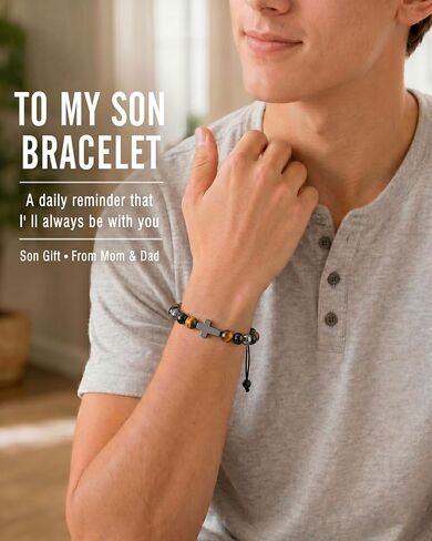 To My Son Cross Bracelet for Boys, Adjustable Tiger Eye Hematite Obsidian Beaded Bracelet, Son Gifts from Mom Dad for Birthday Graduation Christmas in Kuwait