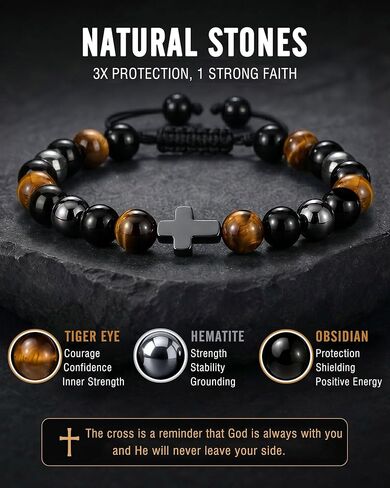 To My Son Cross Bracelet for Boys, Adjustable Tiger Eye Hematite Obsidian Beaded Bracelet, Son Gifts from Mom Dad for Birthday Graduation Christmas in Kuwait