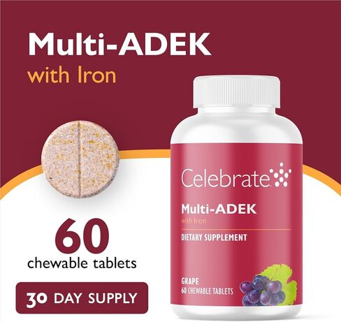 Celebrate Vitamins Multi ADEK Chewables, 60mg Iron - Daily Bariatric Multivitamin, Vitamins A, D, E, K & B12 for Duodenal Switch Surgery Patients - Grape (60 Tablets) in Kuwait