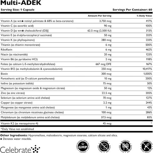 Celebrate Vitamins Multi ADEK Chewables, 60mg Iron - Daily Bariatric Multivitamin, Vitamins A, D, E, K & B12 for Duodenal Switch Surgery Patients - Grape (60 Tablets) in Kuwait