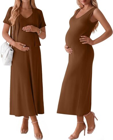 2 Piece Maternity Dress Cardigan Set Womens Pregnancy V Neck Tank Maxi Dress with Pockets for Baby Showers in Saudi Arabia