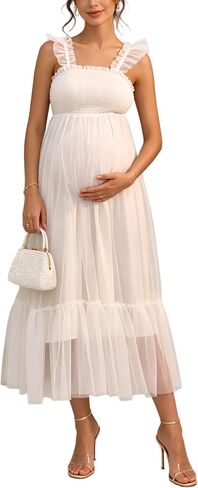Maternity Midi Dress Ruffle Strap Smocked Tiered Tulle Shower Gown | Airy tulle maternity midi dress, ruffle shoulder straps, smocked bust tiered skirt for baby shower & maternity photos in Kuwait