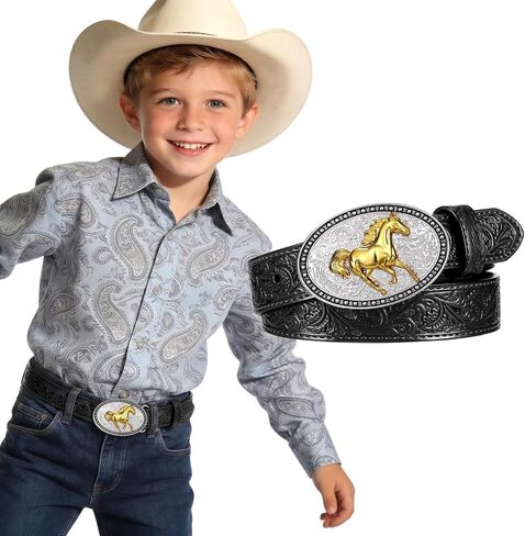 Kids Cowboy Belt for Boys Girls, Removable Buckle and Adjustable Embossed PU Leather Girls Boys Western Belt for Jeans in Kuwait