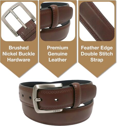 IZOD Boys Leather Belt - Feather Edge Double Stitching, 1 3/16" for Casual and Dress Wear, Brown, Small 22-24" in Kuwait