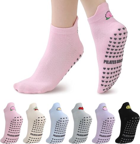 6 Pairs Pilates Socks with Grips for Women - Non-Slip Yoga Ankle Sock, Soft Breathable Cotton Crew Socks for Barre, Ballet, Barefoot Training & Hospital Use in Kuwait