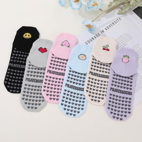 6 Pairs Pilates Socks with Grips for Women - Non-Slip Yoga Ankle Sock, Soft Breathable Cotton Crew Socks for Barre, Ballet, Barefoot Training & Hospital Use in Kuwait