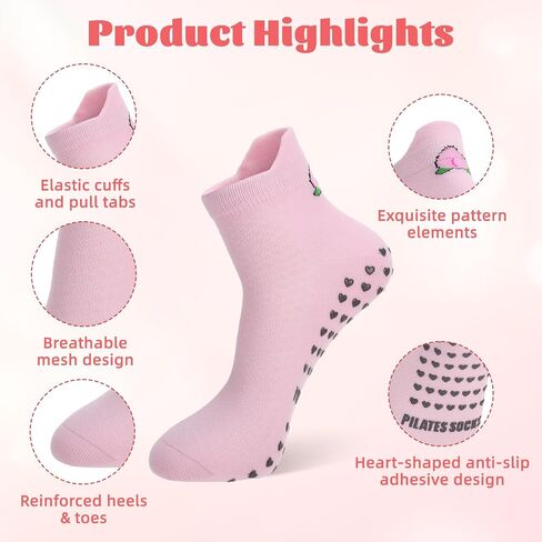 6 Pairs Pilates Socks with Grips for Women - Non-Slip Yoga Ankle Sock, Soft Breathable Cotton Crew Socks for Barre, Ballet, Barefoot Training & Hospital Use in Kuwait