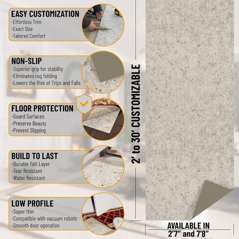 Ottomanson Non Slip Rug Pad Grip 3x18 1/8 Thick, Protection for Any Flooring Surface, Keep Your Runner Rug and Area Rugs in Place, 2'7" x 18', Beige in Kuwait