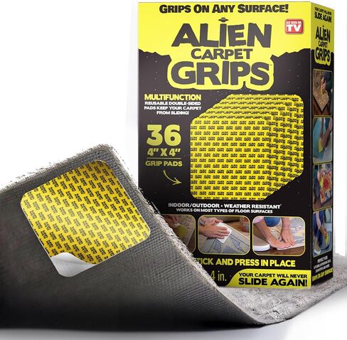 Alien Grip Rug Gripper Carpet Tape - 36pcs, 4x4 in. Anti-Slip Hardwood, Tile Floor, No Damage - Double Sided Reusable, Non Slip Corner Rug Pads - As Seen on TV in Saudi Arabia