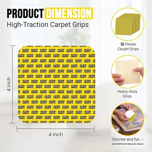 Alien Grip Rug Gripper Carpet Tape - 36pcs, 4x4 in. Anti-Slip Hardwood, Tile Floor, No Damage - Double Sided Reusable, Non Slip Corner Rug Pads - As Seen on TV in Saudi Arabia