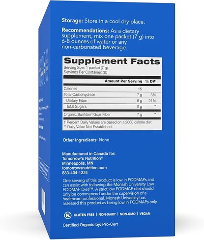 Tomorrow's Nutrition - Organic Sunfiber Stick Packs - Prebiotic Fiber Supplement for Digestive Health and Regularity - Low FODMAP & Gluten-Free - 30 Packets in Saudi Arabia