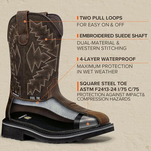 Men's Steel Toe Work Boots Waterproof Square Toe Cowboy Boots Comfortable Western Safety Boot with Full-Grain Leather Oil Slip Resistant for Construction Farming in Saudi Arabia