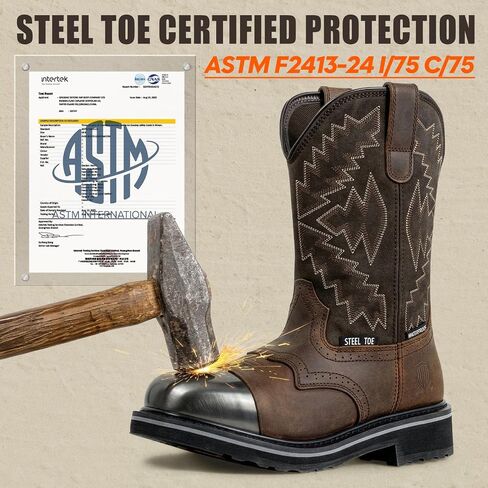 Men's Steel Toe Work Boots Waterproof Square Toe Cowboy Boots Comfortable Western Safety Boot with Full-Grain Leather Oil Slip Resistant for Construction Farming in Saudi Arabia