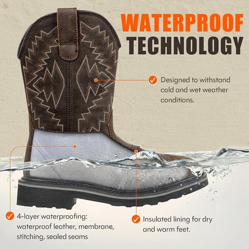 Men's Steel Toe Work Boots Waterproof Square Toe Cowboy Boots Comfortable Western Safety Boot with Full-Grain Leather Oil Slip Resistant for Construction Farming in Saudi Arabia