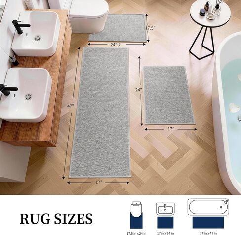 YIHOUSE Gray Bathroom Rugs Sets 3 Piece, Quick Dry Thin Bath Mat with Toilet Rug, Non Slip Absorbent Machine Washable, Bath Runner Rugs for Bathtub Sink Home Decor in Kuwait