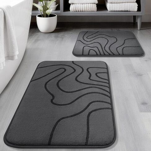YIHOUSE Memory Foam Bathroom Rugs Sets 2 Piece - Extra Thick Ultra Soft Absorbent Bath Mat Set, Non-Slip Machine Washable Bath Rugs for Bathroom, Tub & Shower, Home Decor (32"x20"+24"x17", Dark Grey) in Kuwait