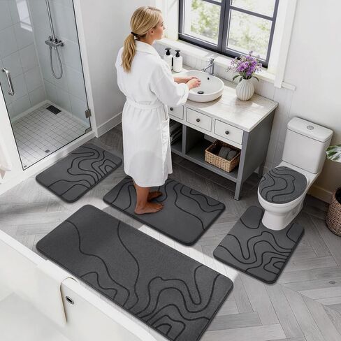 YIHOUSE Memory Foam Bathroom Rugs Sets 2 Piece - Extra Thick Ultra Soft Absorbent Bath Mat Set, Non-Slip Machine Washable Bath Rugs for Bathroom, Tub & Shower, Home Decor (32"x20"+24"x17", Dark Grey) in Kuwait