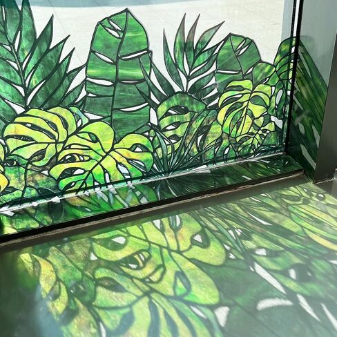 Original Hand Drawn Window Cling Film Stained Glass Border with Tools, Double Sided Transparent Window Film Haning Plants for Glass Window, Front Door, Monstera and Palm 16.93"X54.33" in Kuwait
