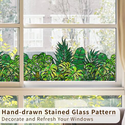 Original Hand Drawn Window Cling Film Stained Glass Border with Tools, Double Sided Transparent Window Film Haning Plants for Glass Window, Front Door, Monstera and Palm 16.93"X54.33" in Kuwait
