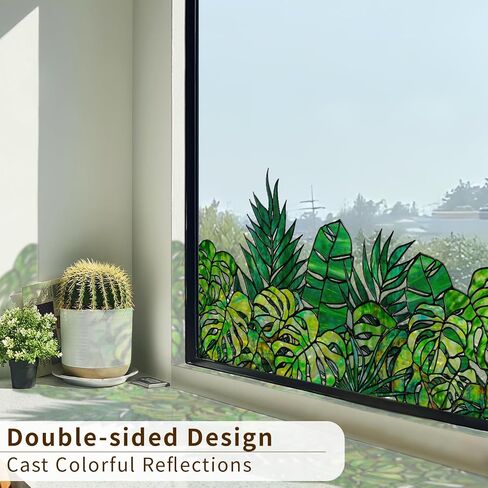 Original Hand Drawn Window Cling Film Stained Glass Border with Tools, Double Sided Transparent Window Film Haning Plants for Glass Window, Front Door, Monstera and Palm 16.93"X54.33" in Kuwait
