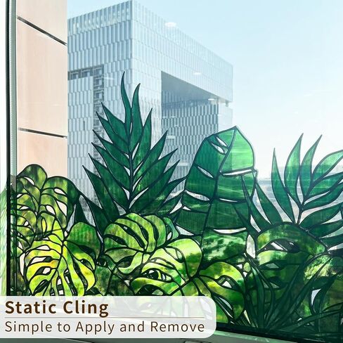 Original Hand Drawn Window Cling Film Stained Glass Border with Tools, Double Sided Transparent Window Film Haning Plants for Glass Window, Front Door, Monstera and Palm 16.93"X54.33" in Kuwait