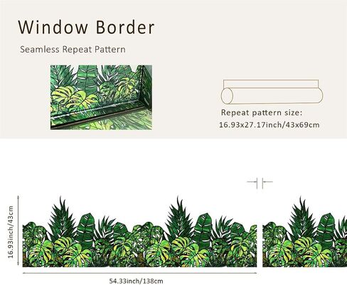 Original Hand Drawn Window Cling Film Stained Glass Border with Tools, Double Sided Transparent Window Film Haning Plants for Glass Window, Front Door, Monstera and Palm 16.93"X54.33" in Kuwait