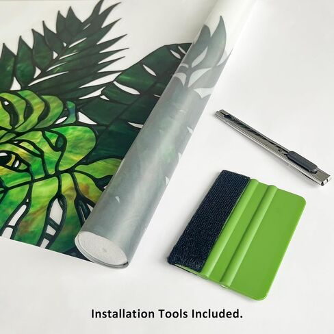 Original Hand Drawn Window Cling Film Stained Glass Border with Tools, Double Sided Transparent Window Film Haning Plants for Glass Window, Front Door, Monstera and Palm 16.93"X54.33" in Kuwait