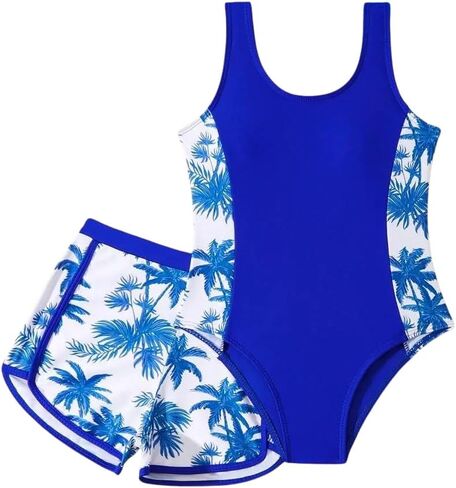 Kid Girl Swimsuit Set 2PC Bathing Suit for Girls, Tropical Girls' Full Coverage Swimwear Shorts Set in Saudi Arabia