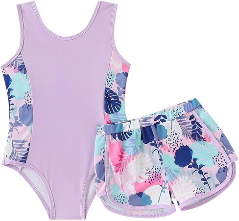 Kid Girl Swimsuit Set 2PC Bathing Suit for Girls, Tropical Girls' Full Coverage Swimwear Shorts Set in Saudi Arabia