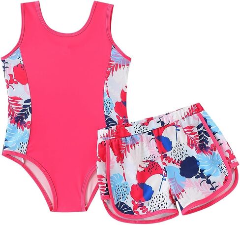 Kid Girl Swimsuit Set 2PC Bathing Suit for Girls, Tropical Girls' Full Coverage Swimwear Shorts Set in Saudi Arabia