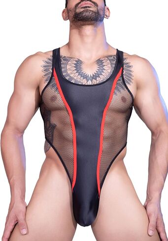 SEAUR Men's See-Through Mesh Bodysuit Snap Crotch Sleeveless Sexy Singlet Leotard Muscle Suit Glossy Nightclub Outfits in Kuwait