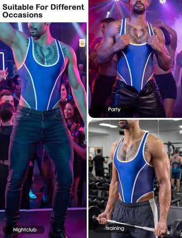 SEAUR Men's See-Through Mesh Bodysuit Snap Crotch Sleeveless Sexy Singlet Leotard Muscle Suit Glossy Nightclub Outfits in Kuwait