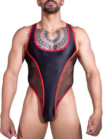 SEAUR Men's See-Through Mesh Bodysuit Snap Crotch Sleeveless Sexy Singlet Leotard Muscle Suit Glossy Nightclub Outfits in Kuwait