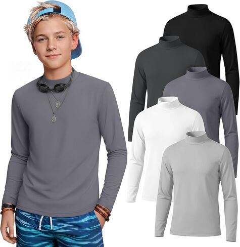5 Pack Boys Rash Guard Upf50+ Swim Shirts Kids Mock Neck Long Sleeve Tops SPF Water Shirts for Beach Surf 5-14 Y in Kuwait