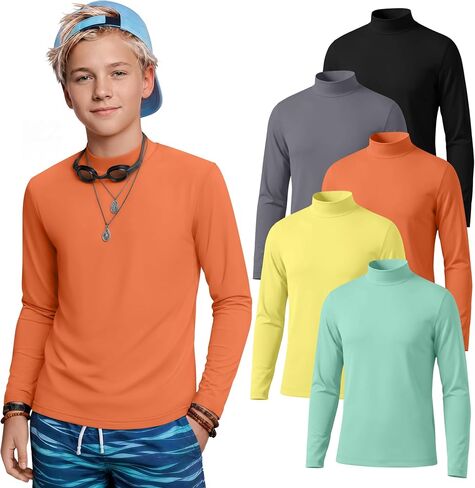 5 Pack Boys Rash Guard Upf50+ Swim Shirts Kids Mock Neck Long Sleeve Tops SPF Water Shirts for Beach Surf 5-14 Y in Kuwait