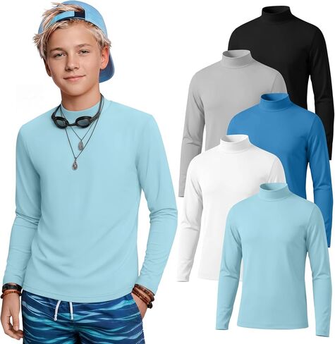 5 Pack Boys Rash Guard Upf50+ Swim Shirts Kids Mock Neck Long Sleeve Tops SPF Water Shirts for Beach Surf 5-14 Y in Kuwait